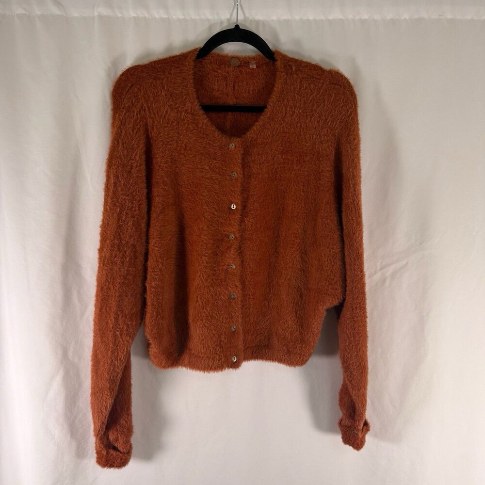 Free People One Sweater Women's Large Orange Button Front Soft Faux Fur